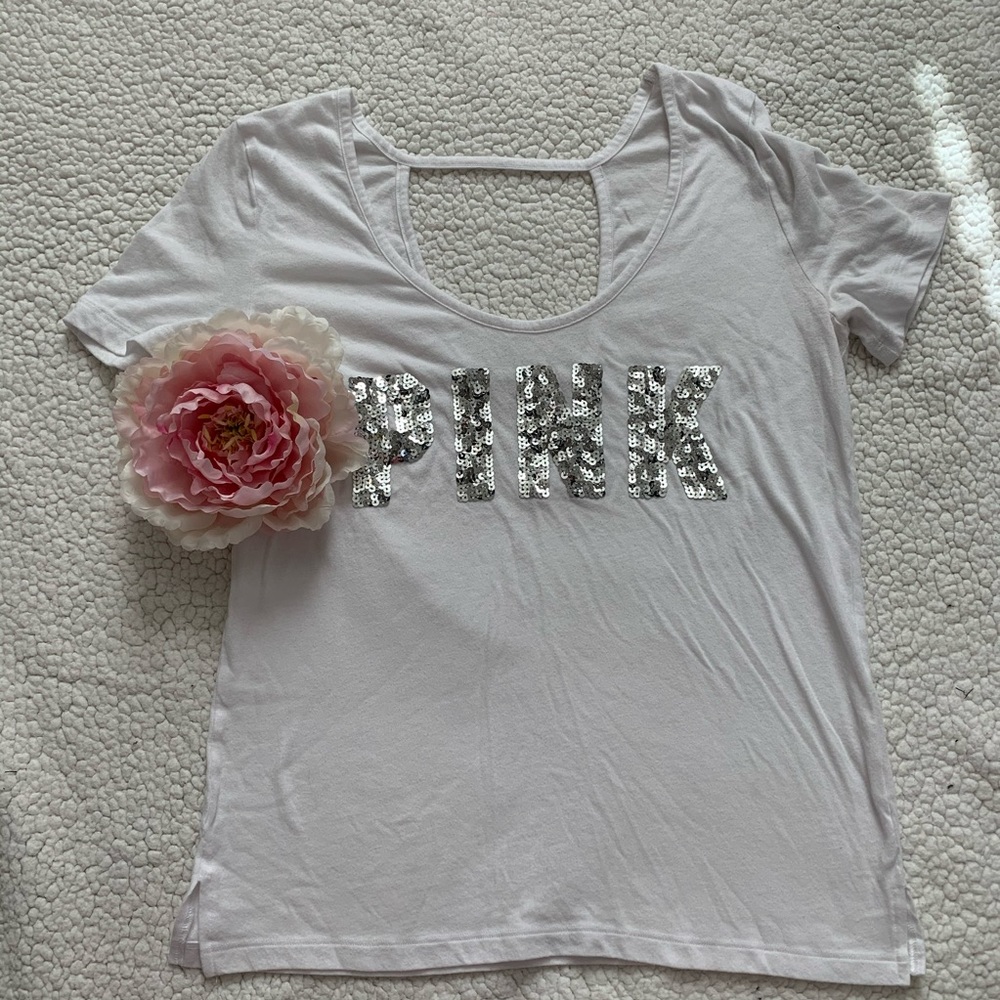 VS PINK Scoop neck Bling Sequin Open Back Shirt